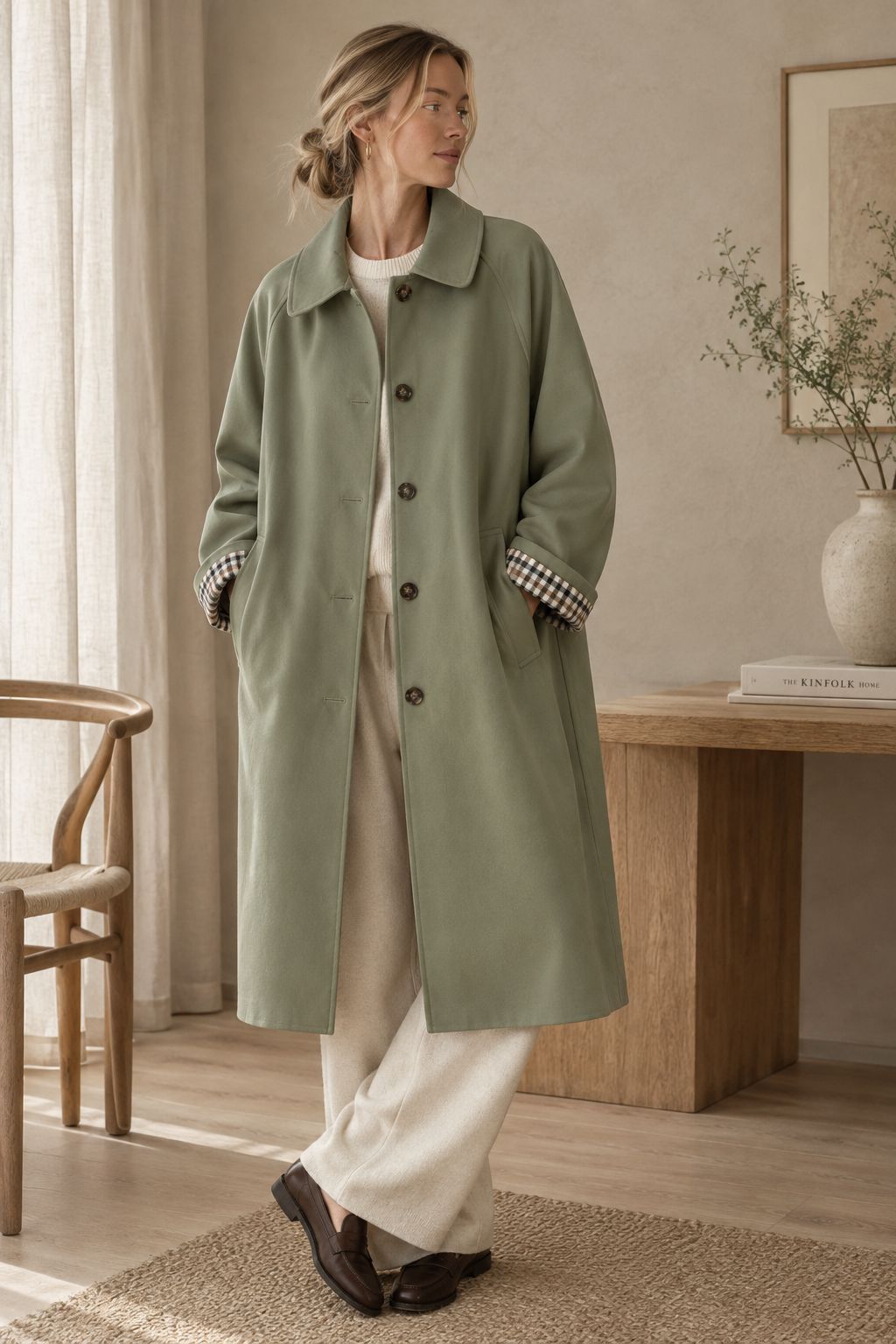 Grønn trenchcoat